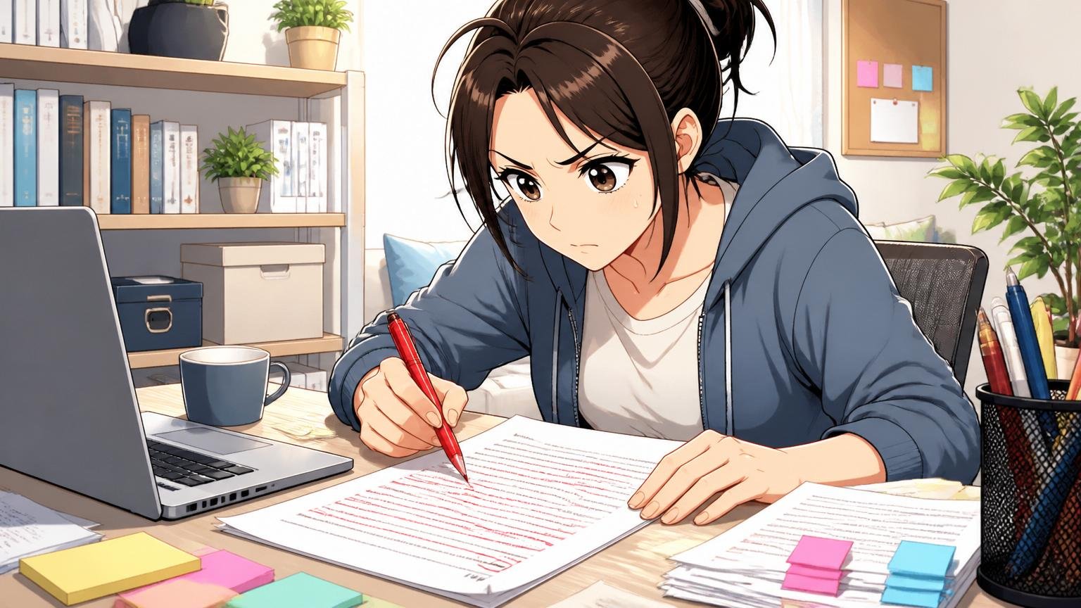 自宅のデスクで在宅勤務しながら職務経歴書を書き直す30代女性エンジニア1人と並んだ赤ペンと付箋