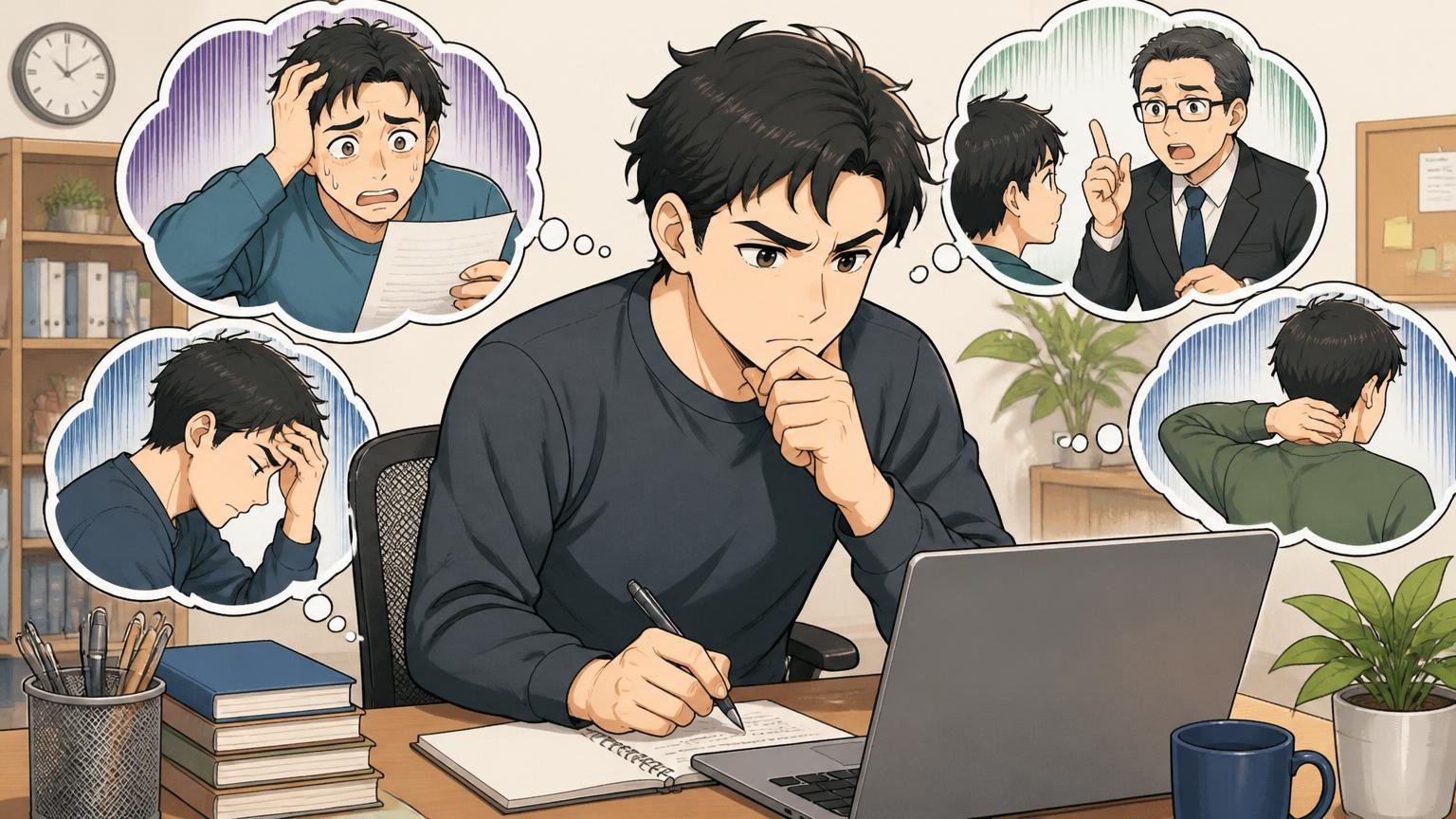 基準①：あなたが落ちた原因は「対策で解決できるもの」か。自宅のデスクで在宅勤務中の30代エンジニアが選考過程を振り返って分析している1人