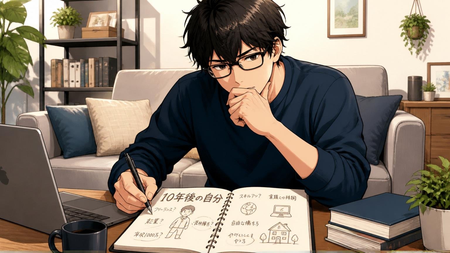 自宅のリビングで在宅ワーク中の30代男性エンジニアが、メモ帳を広げて10年後の自分について考え込む場面