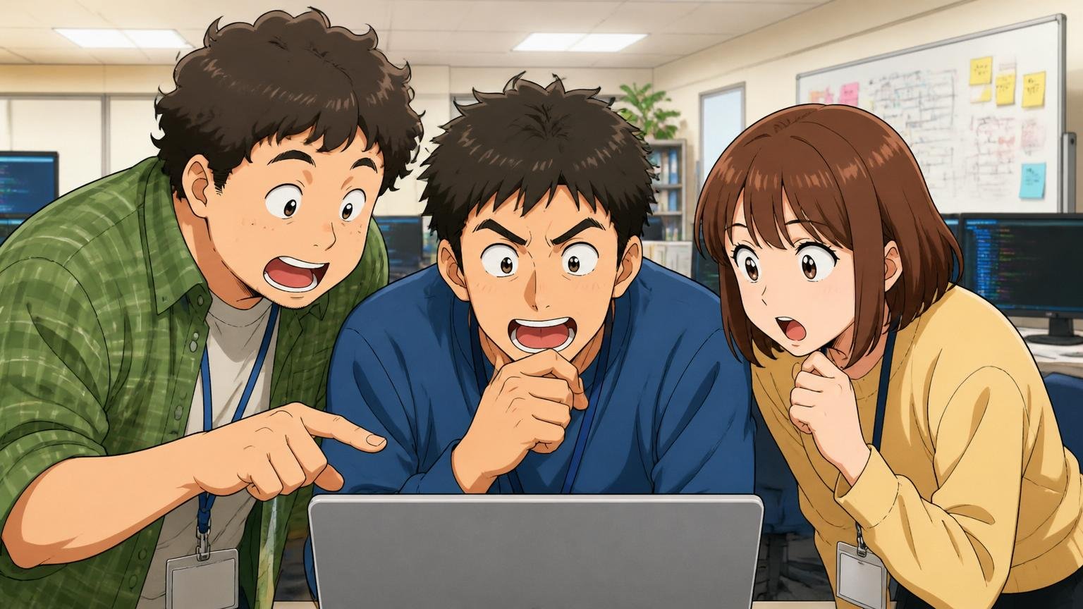 同じユーザー系SIerに視野を広げる。SIerの開発現場で男女3人。求人サイトを覗き込む