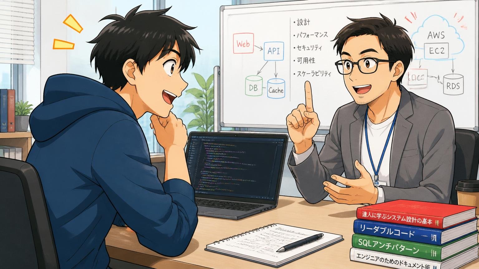 なぜITエンジニア経験者向けエージェントなのか、転職エージェントのオフィスで技術の話が通じる担当者と相談するエンジニア