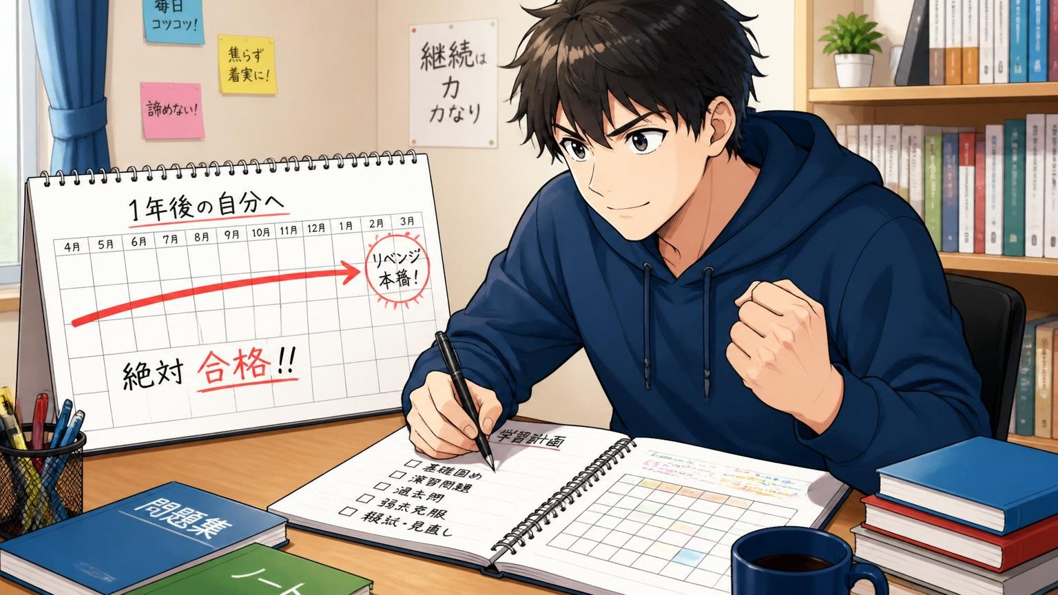 再挑戦の準備を進める｜自宅のデスクで男性が1年後のリベンジに向けカレンダーと学習計画を立てる