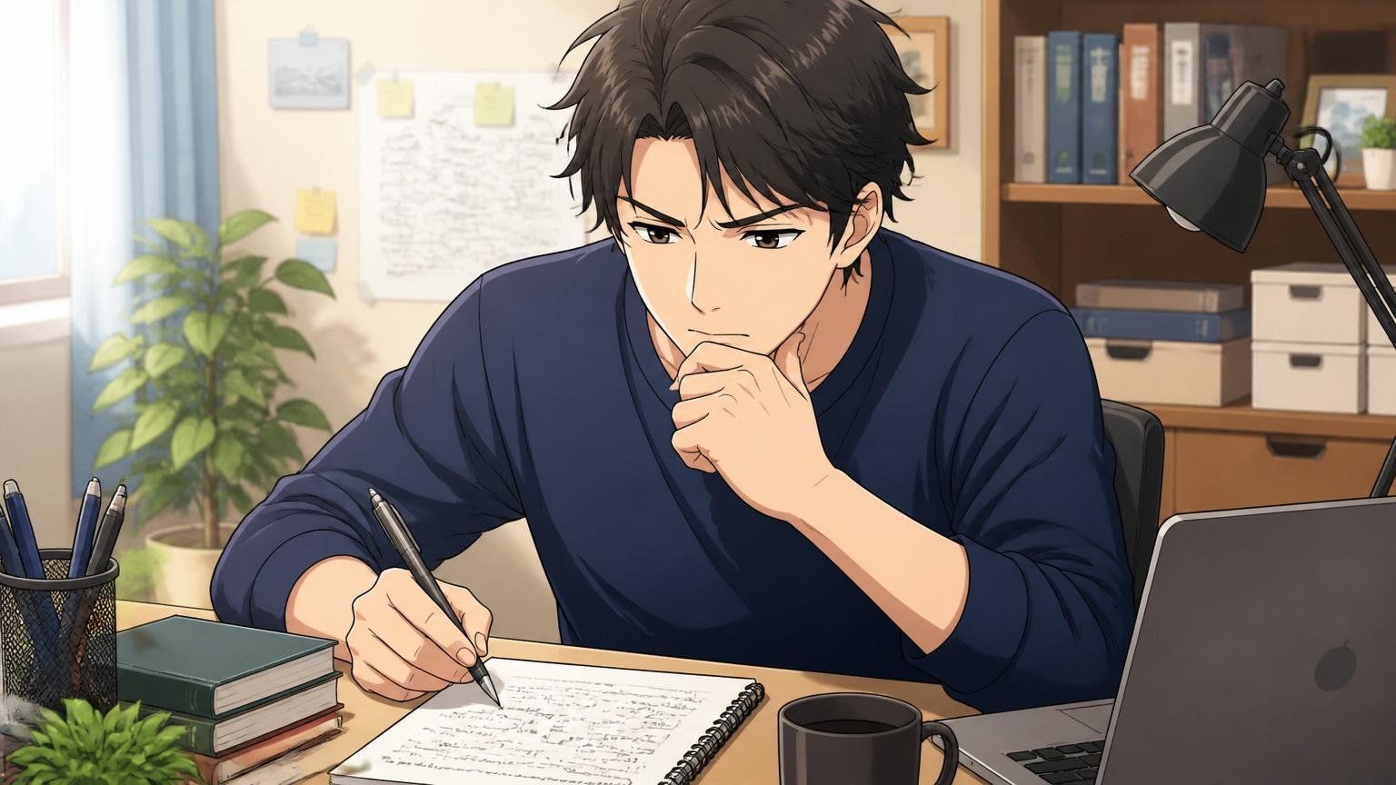 志望理由を言語化する｜自宅デスクでノートに書き出す30代男性エンジニア、考え込む表情