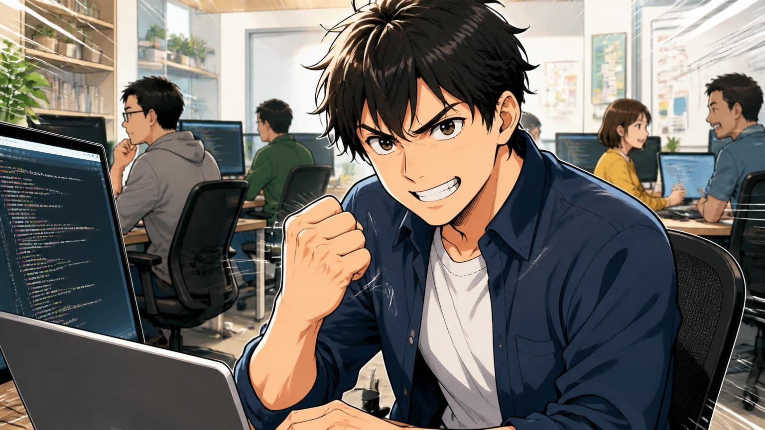 もう一度JBCCに挑戦。Web系オフィスで30代男性エンジニアが拳を握り再挑戦を誓う力強い表情