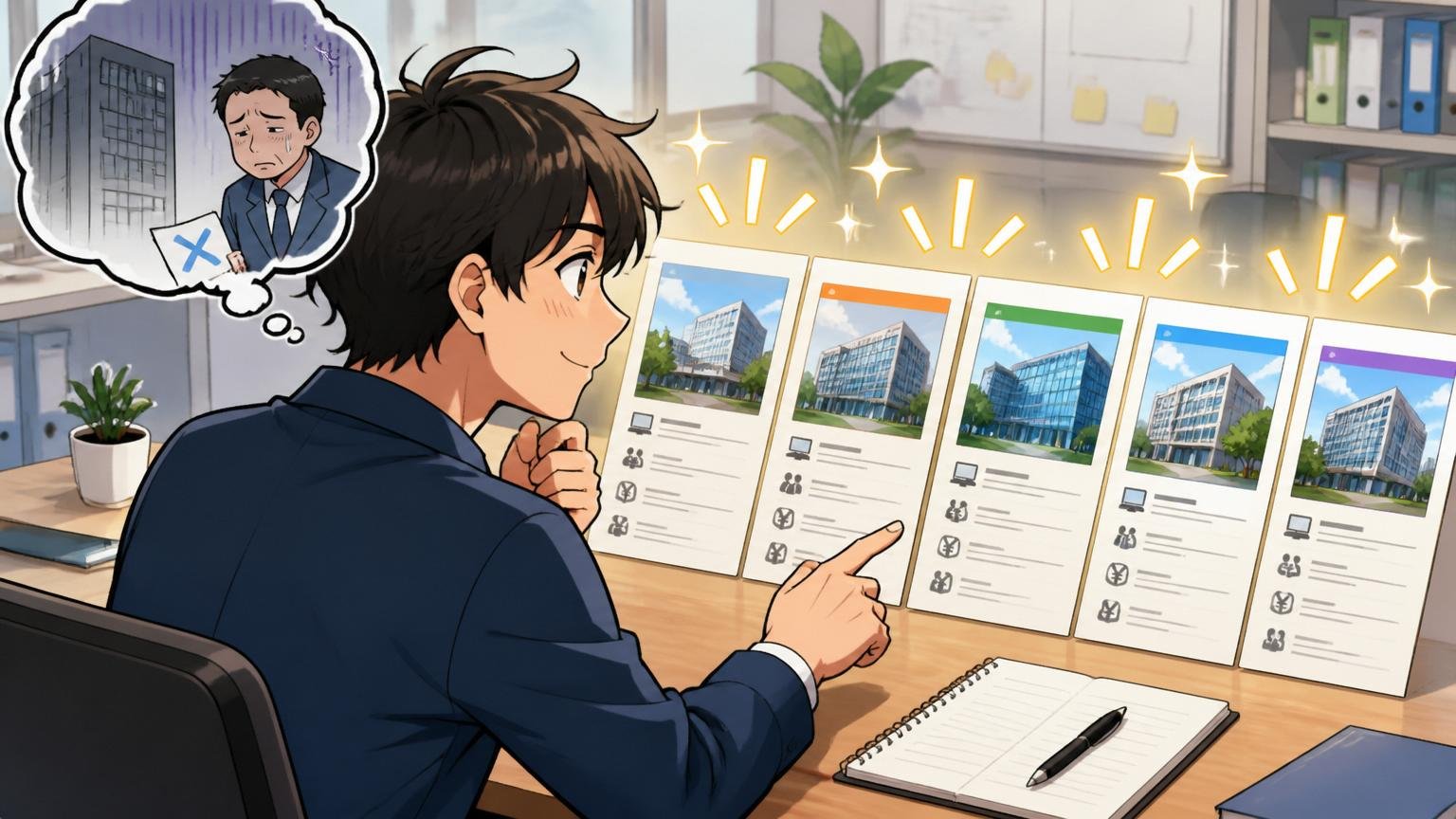 落ちた1社より合う複数社を見る視点 オフィスで複数の求人情報を並べて比較する30代エンジニア