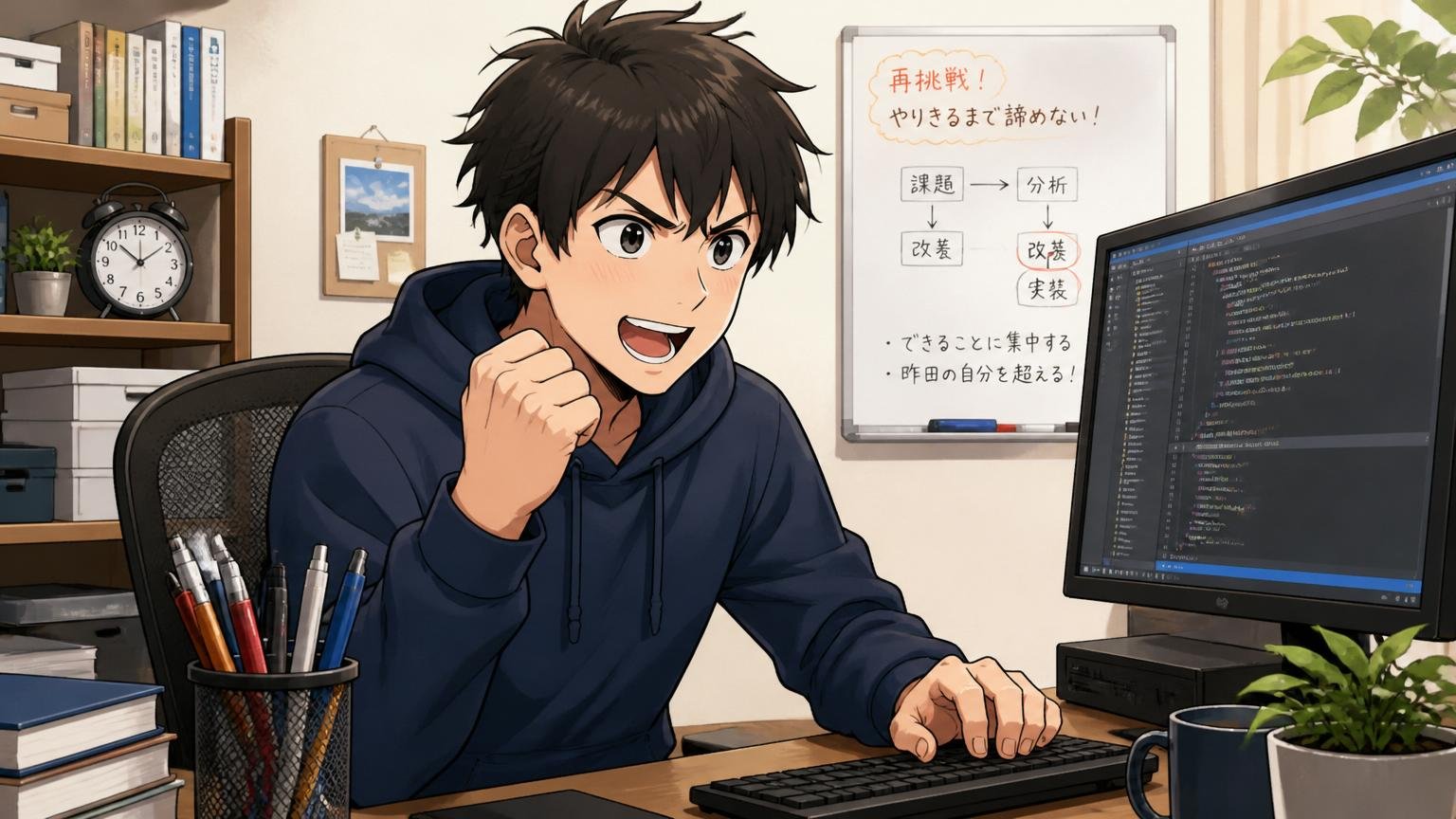 自宅のデスクで20代男性エンジニアが前を向き、再挑戦を決意した表情でPCに向かう