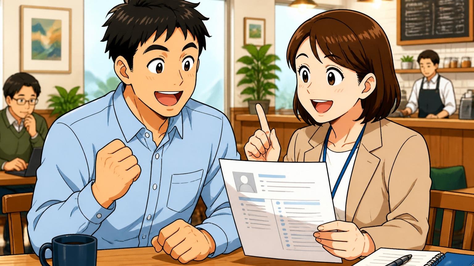 カフェでキャリア相談員に職務経歴書を見てもらう求職者、アドバイスを受けて表情が明るくなる2人のシーン