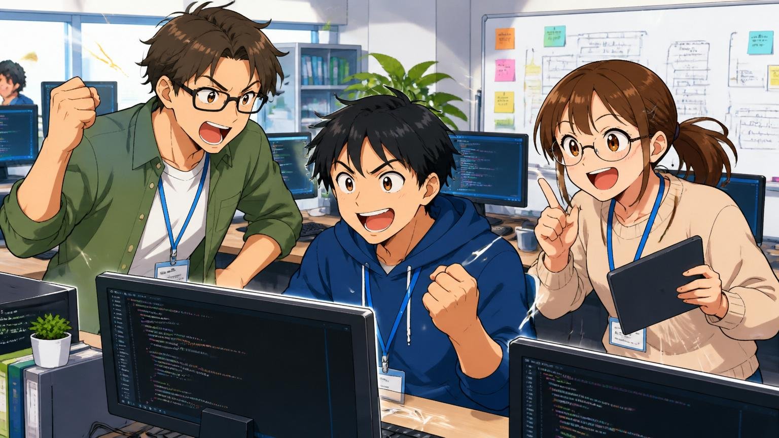 IT人材は構造的に不足している、IT企業のオフィスで活躍するエンジニアたち、3人、活気ある雰囲気