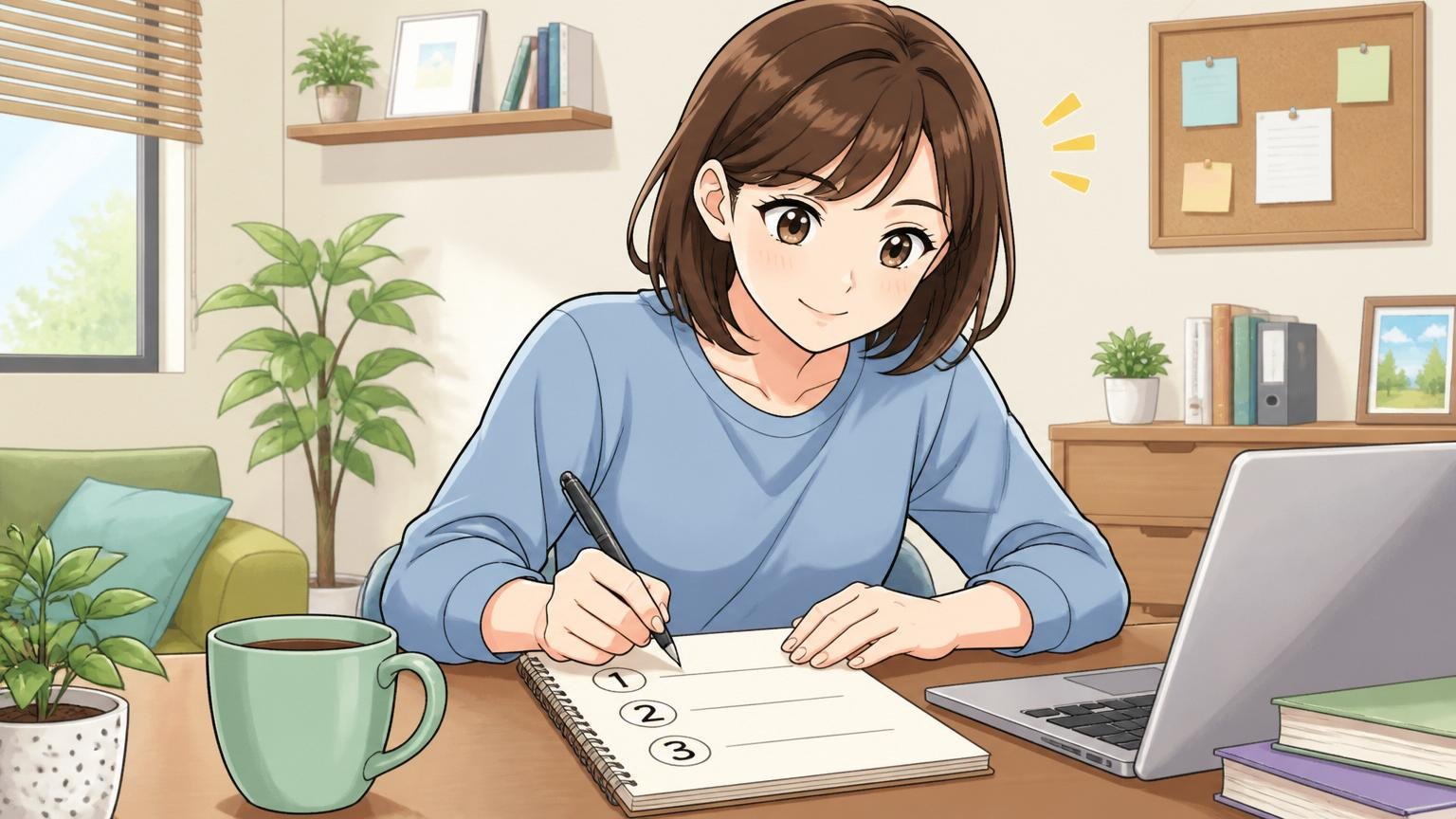 次の行動を計画する人、自宅のデスクでノートに3つのステップを書き出す30代女性1人