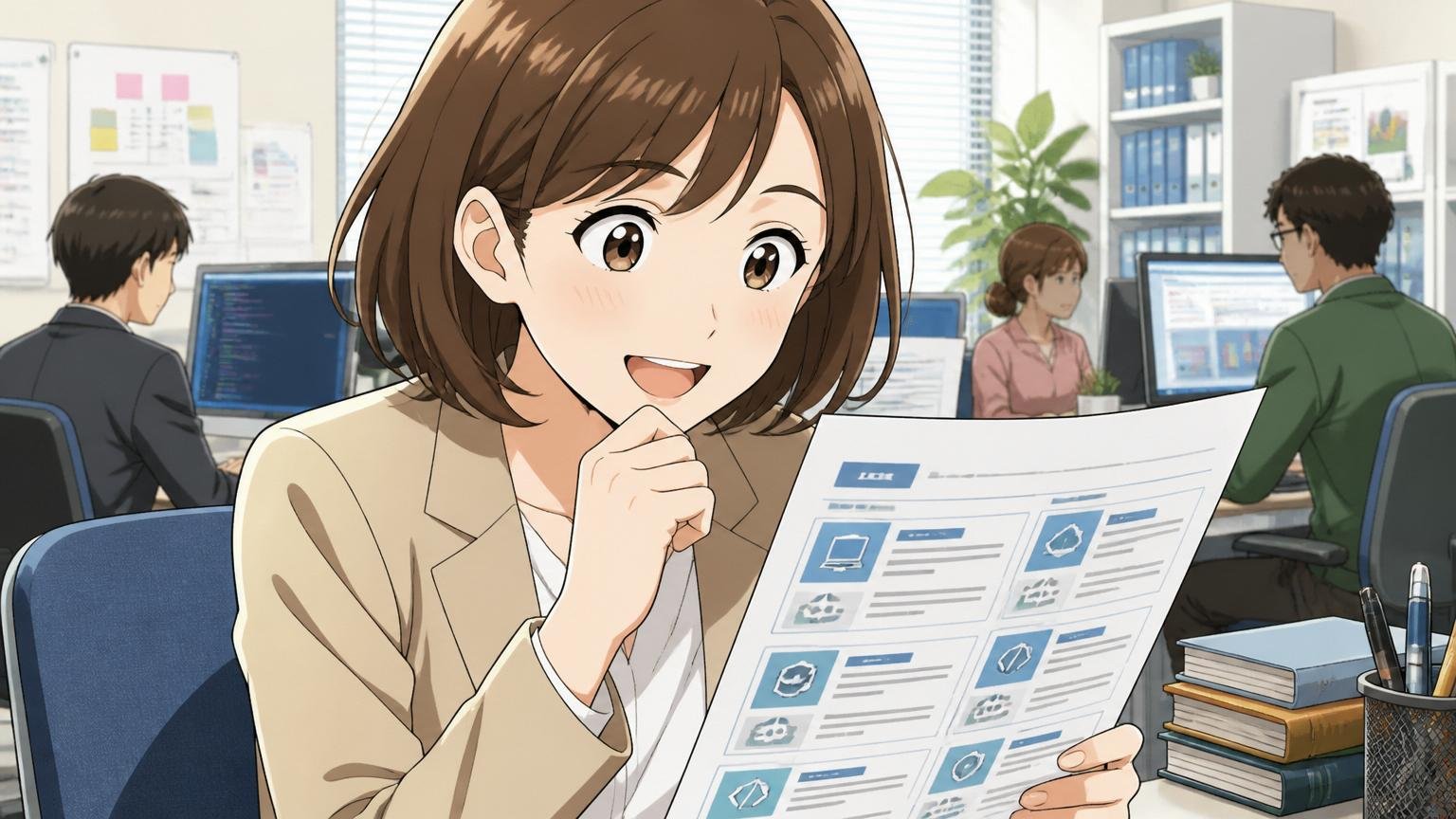 「IT人材は不足し道は閉じない」オフィスで30代女性が前向きな表情で求人を眺める