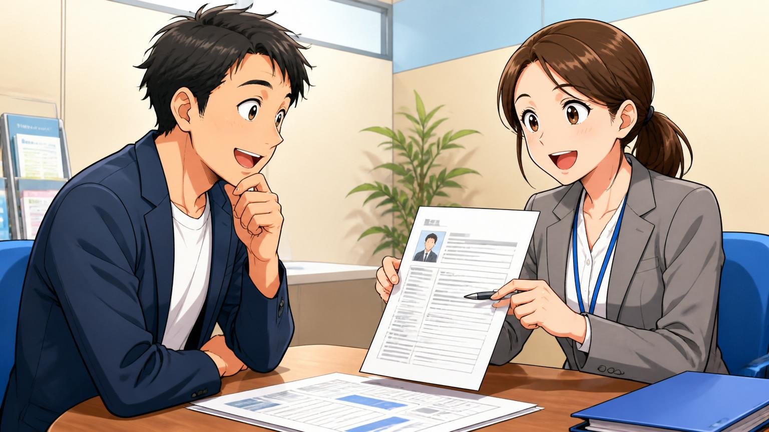 キャリアアドバイザーが職務経歴書を見ながら助言する面談、転職エージェントの相談ブース、2人、前向きな表情