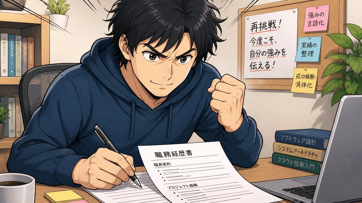 同じ会社への再挑戦、自宅のデスクで再応募に向けて職務経歴書を書き直す決意した表情の30代エンジニア