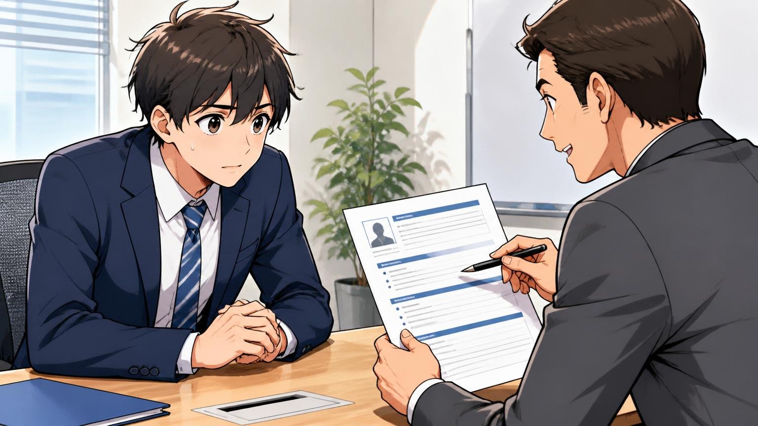 企業の会議室でキャリアアドバイザーに職務経歴書を見てもらう求職者、面談で書類添削を受ける20代男性が真剣に話を聞く様子