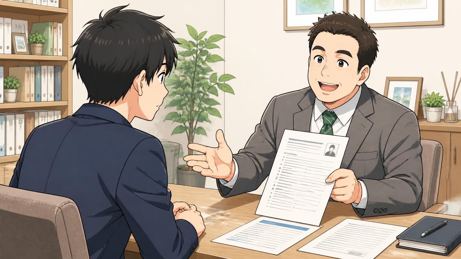 キャリアアドバイザーに相談して書類を見てもらう、落ち着いた相談ルームで2名が向き合って話す様子