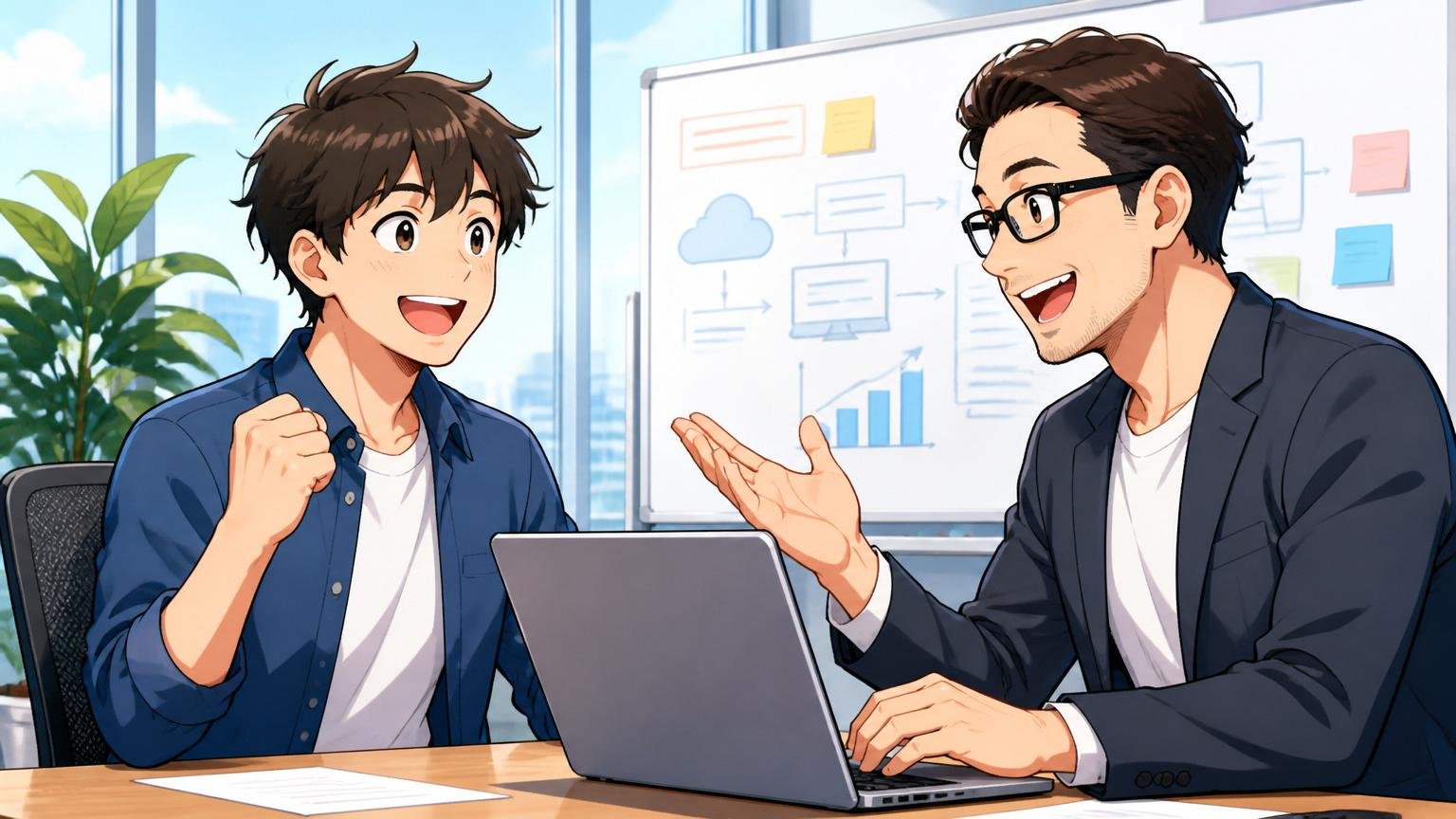 IT特化型エージェントに無料相談して前向きになるエンジニア、企業の会議室でアドバイザーと笑顔で話す2人の人物