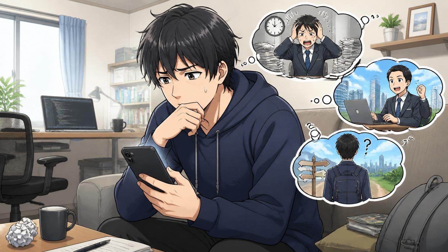 自宅で一人スマホを見ながら転職活動に悩む20代男性エンジニアの場面