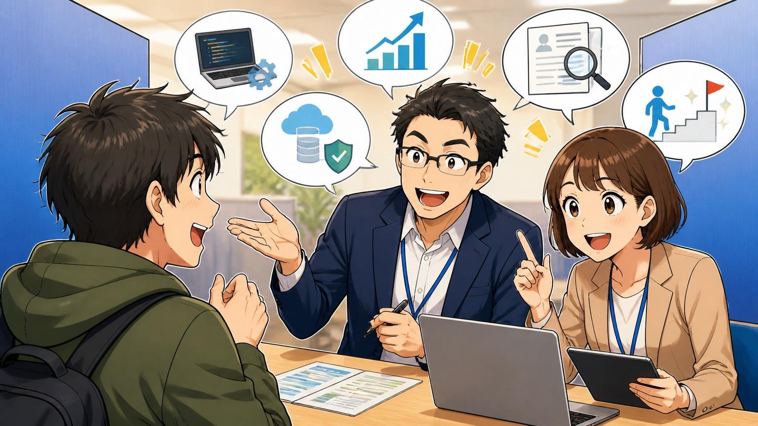 IT特化型エージェントでできること。面談ブースで相談する転職希望者と担当者2人