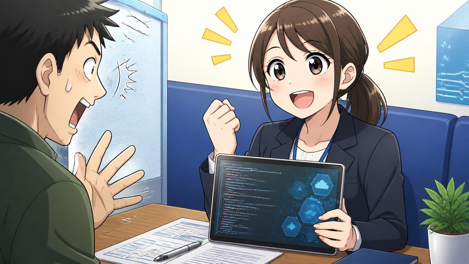 IT特化型の相談で経験を評価される女性、面談ブースで笑顔になる