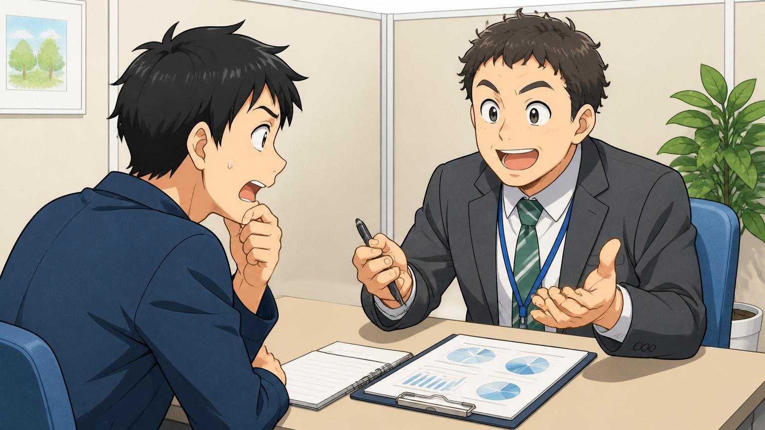 落ちた原因の振り返りはプロに頼ると早い。転職エージェントの面談ブースでアドバイザーと相談する2人の場面