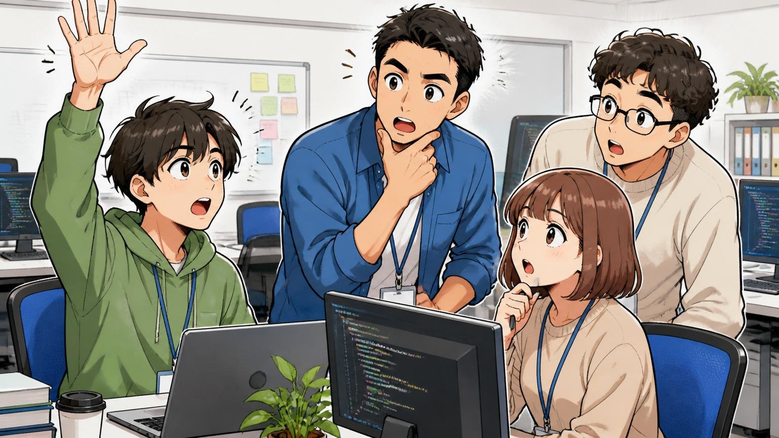 よくある質問。オフィスで疑問を浮かべて質問する若手エンジニアたち数人、和やかな雰囲気