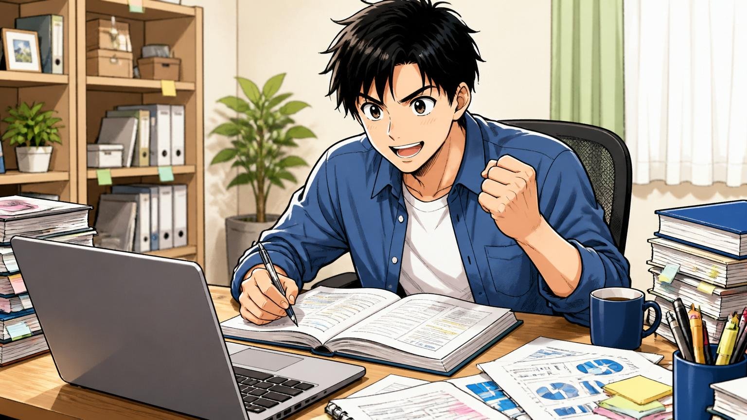 再挑戦するなら。自宅のデスクで企業研究をやり直す意欲的な表情の30代男性