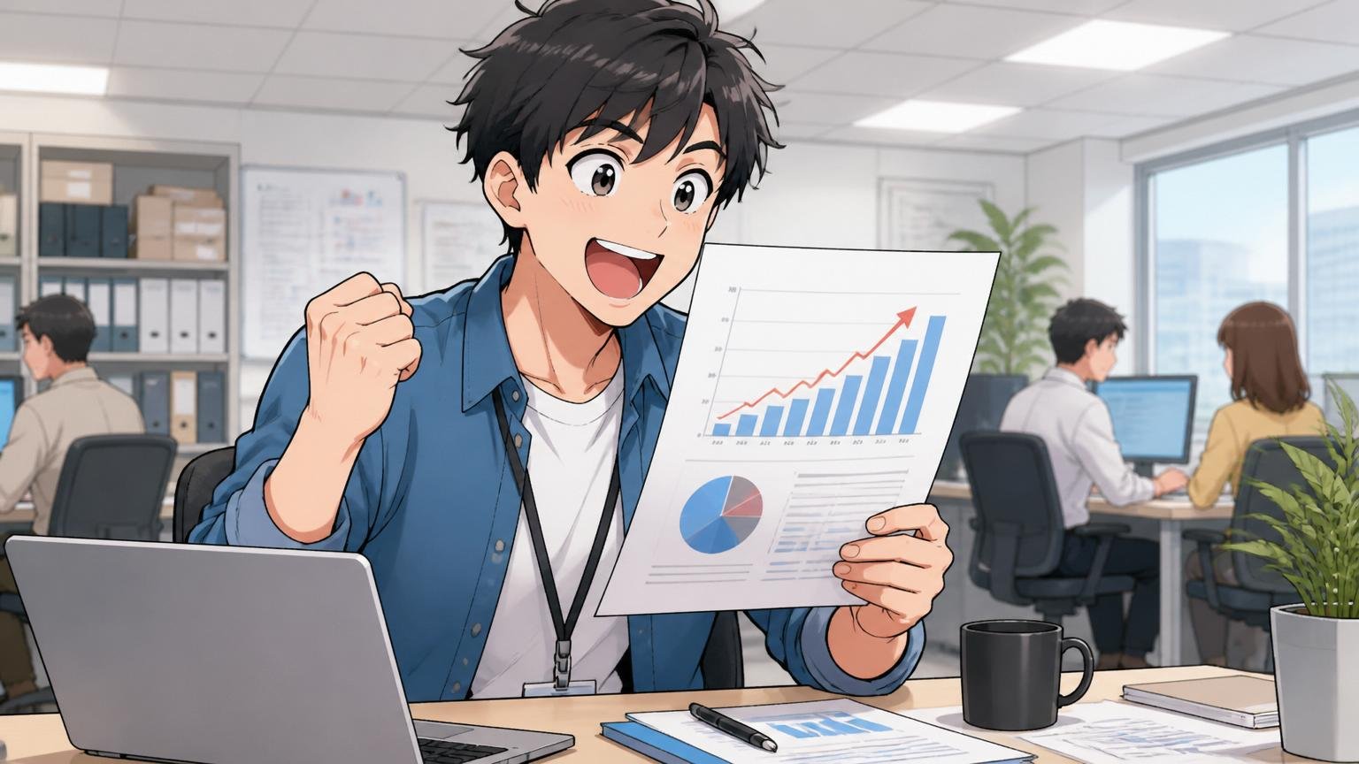 IT人材不足のデータを見て自信を取り戻すエンジニア、企業のオフィスで資料を見る、1人、希望を感じる表情