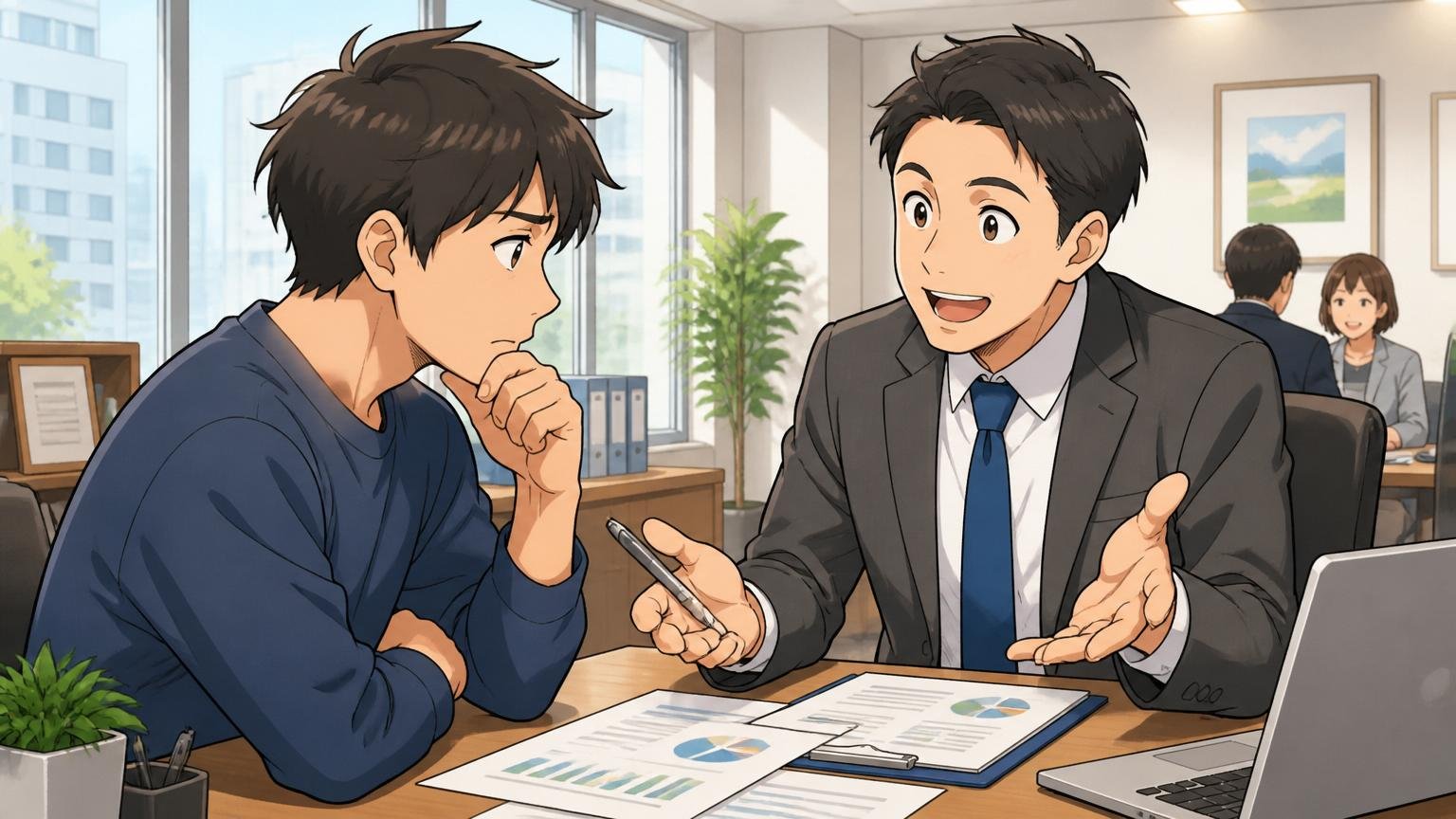 一人で抱え込まず客観的なフィードバックをもらう。転職エージェントのオフィスでアドバイザーに相談する30代エンジニア1人とアドバイザー1人