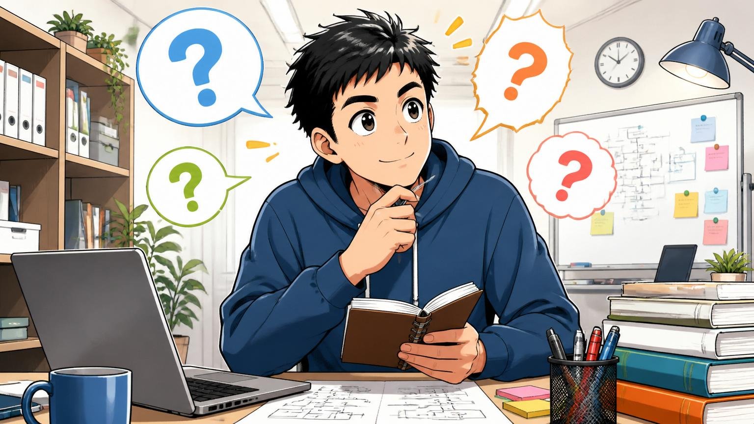 よくある質問FAQ。デスクで疑問を整理するエンジニア1人、すっきりした表情