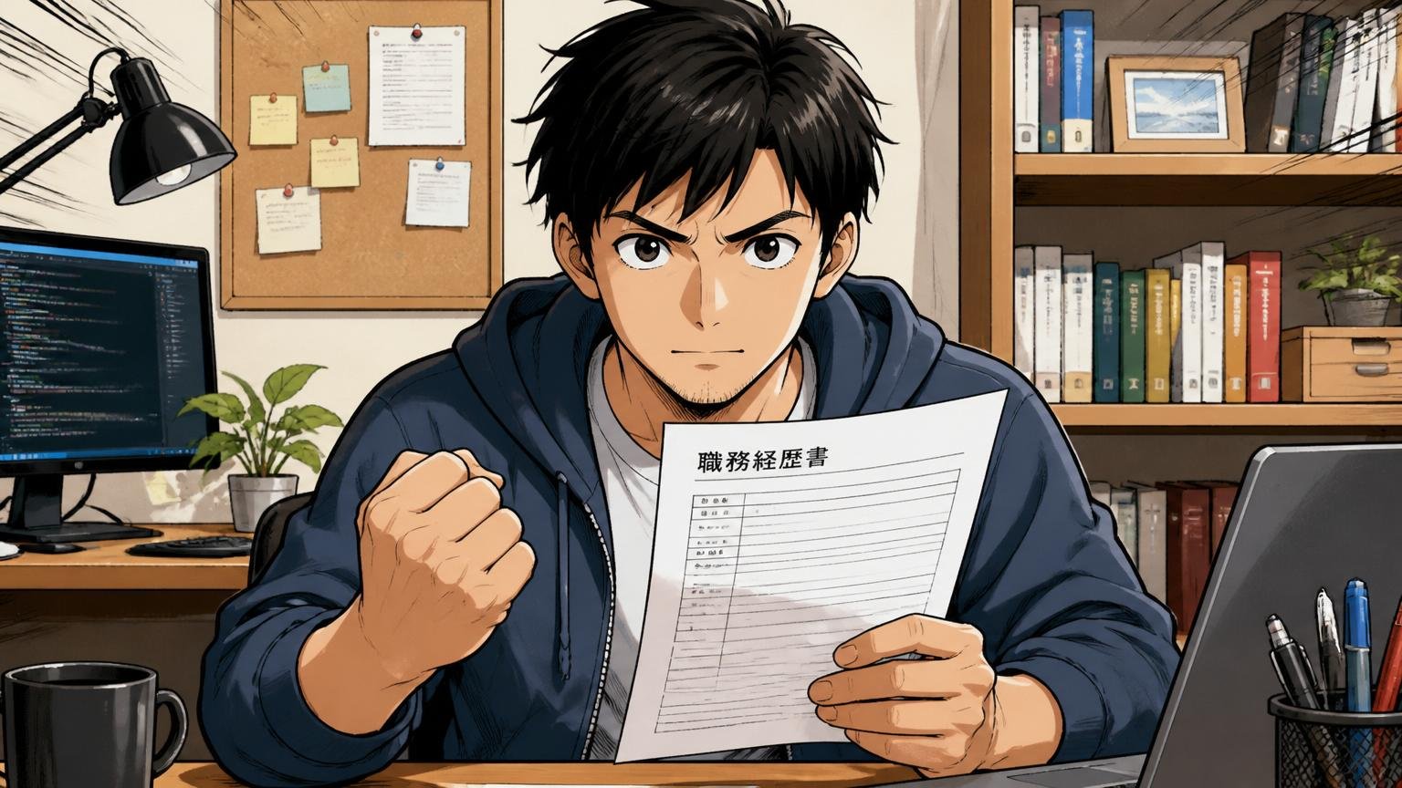 再挑戦を決意する｜自宅デスクで職務経歴書を握りしめ前を見る30代男性エンジニア
