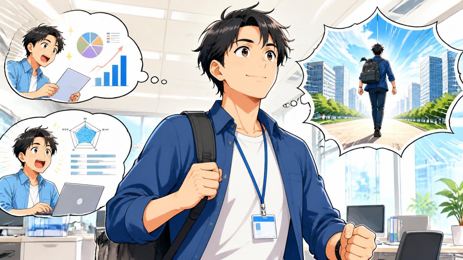 まず市場価値を客観的に知る｜明るいオフィスで前を向いて歩き出す30代男性エンジニア1人