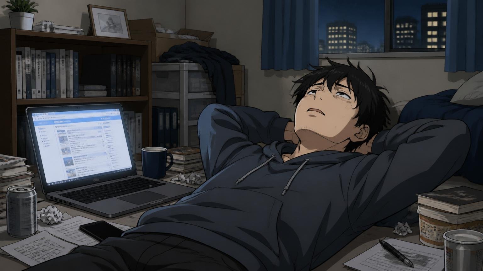 自宅の暗い部屋で深夜に一人、求人サイトを延々スクロールして迷い込み、疲れ切った表情で天井を見上げるエンジニア