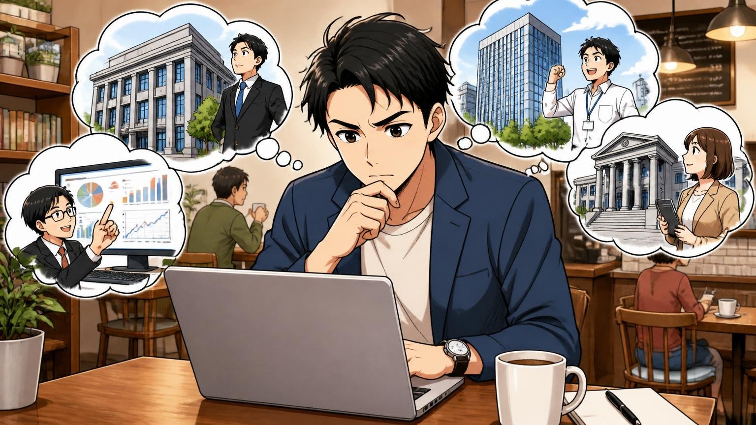 安定と金融基盤が好きなら他の金融系・ユーザー系SIerも視野に。カフェでノートPCを見る30代男性が転職先を比較検討