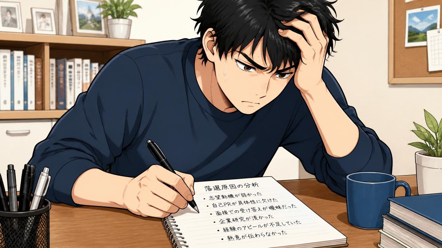 ステップ1落ちた原因を事実ベースで書き出す 自宅のデスクでノートに落選原因を整理して書き出す男性