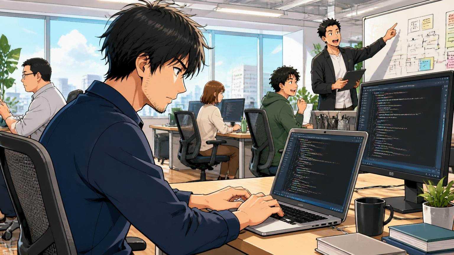 Web系スタートアップのオフィスで、ノートPCに向かって自分でタスクを切り出し、迷いなくキーボードを叩く30代エンジニアの集中した横顔