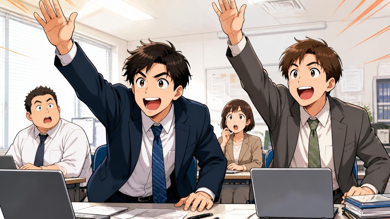 オフィスで意欲的に挙手し前のめりで挑戦しようとする若手社員2人の生き生きした表情