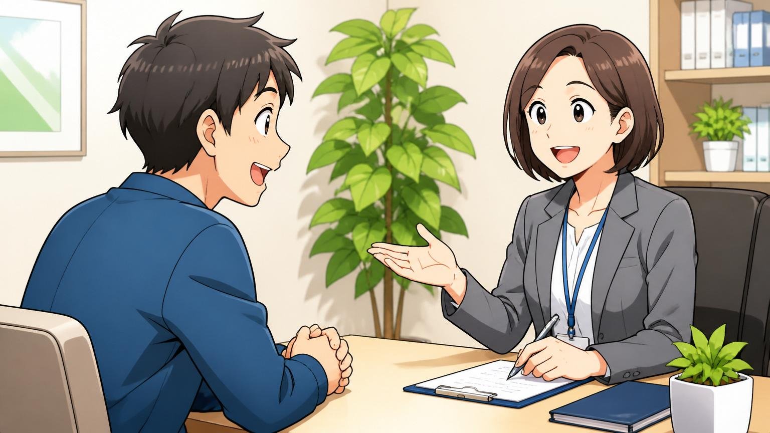 プロに無料で相談、転職エージェントのオフィスで相談者1人とアドバイザー1人が和やかに面談している