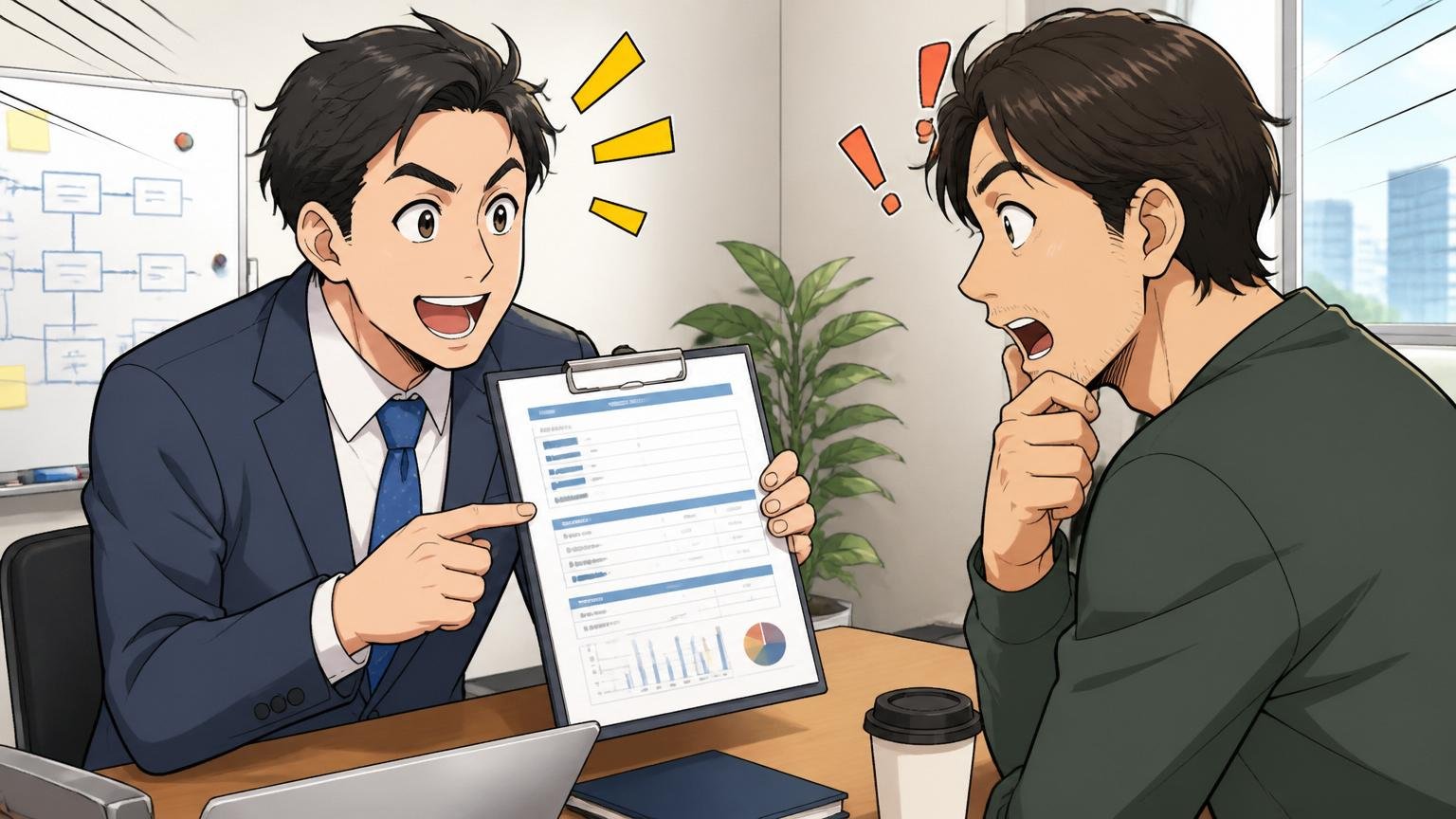 Web系企業の会議室でIT特化のキャリア担当者が経験者エンジニアに求人票を見せながら年収の話をしている様子