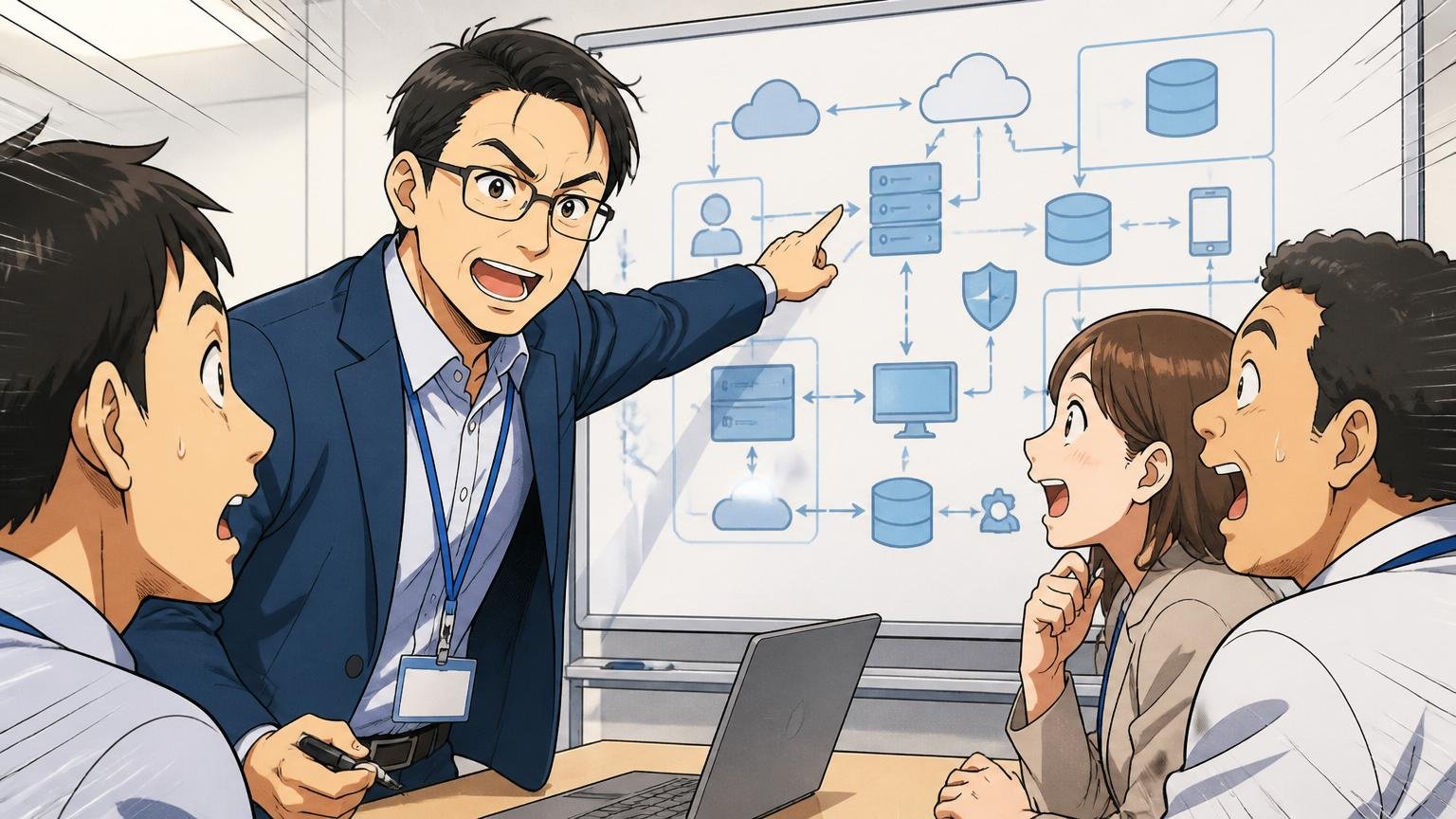 SIerの立ち位置を理解する。会議室で顧客向けシステムの図を指さして説明する40代男性エンジニア
