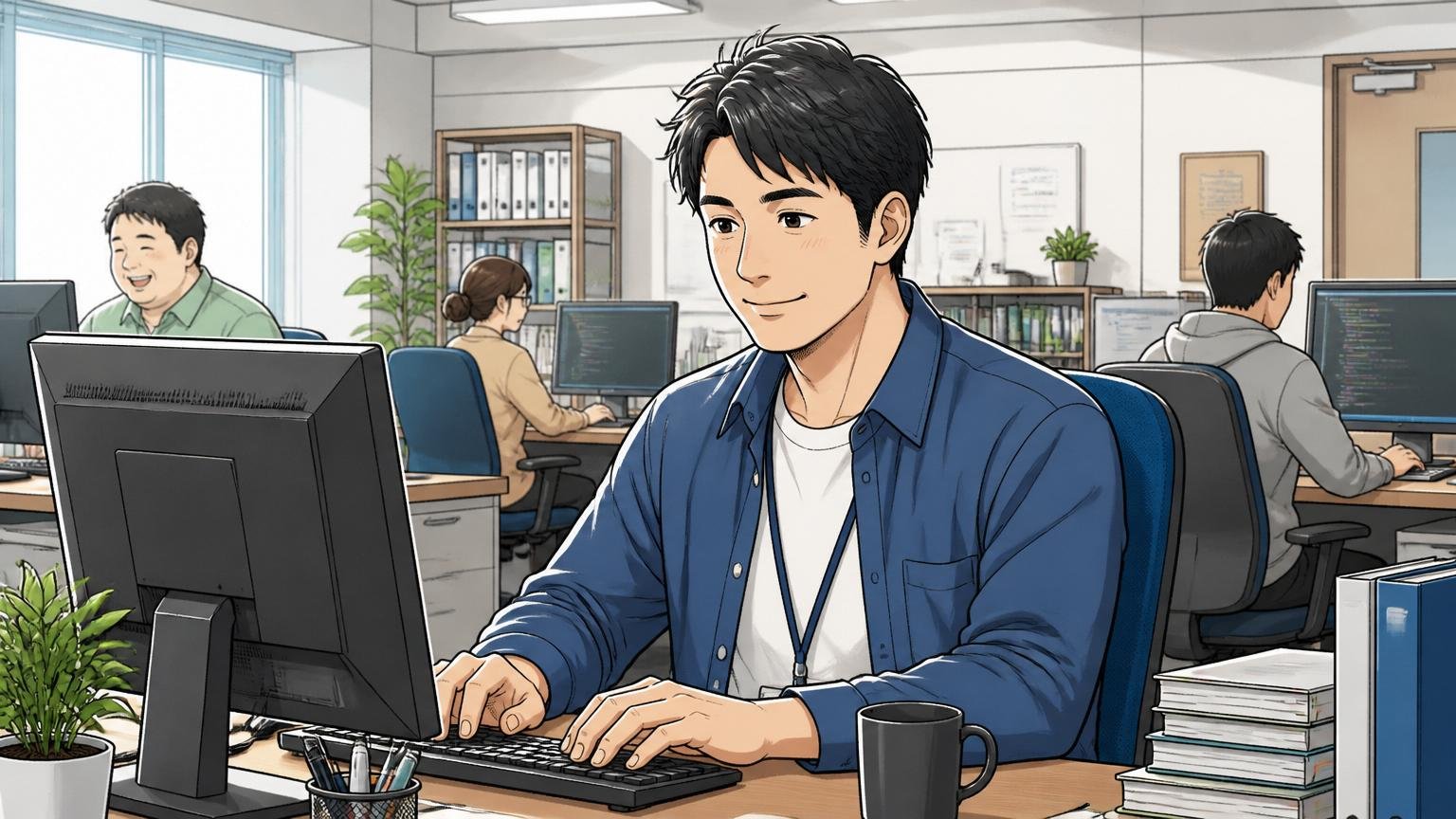 落ち着いたSES企業のオフィスのデスクで、安定した働き方に納得して穏やかに微笑みながら作業する30代男性エンジニア1人