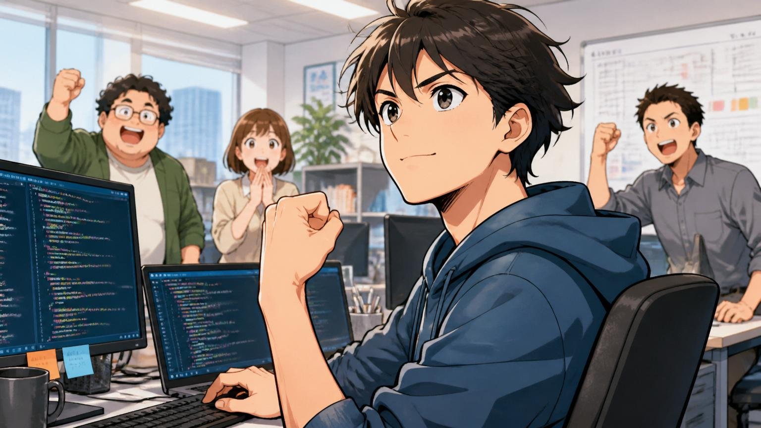 IT人材不足の市場で求められるエンジニア、IT企業のオフィスで一人が自信を持って前を見据える表情
