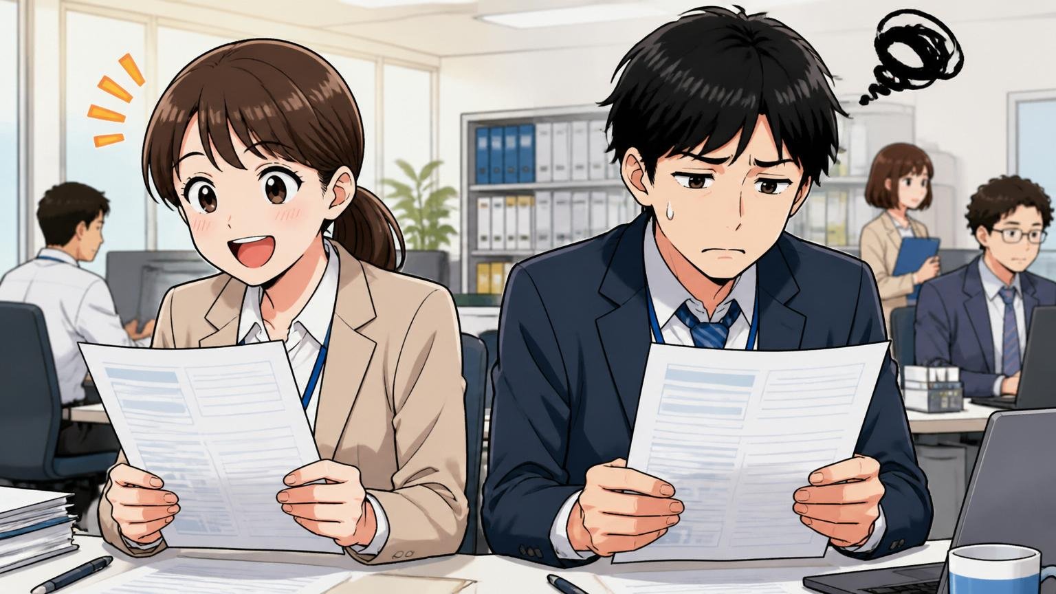 結局は会社の良し悪しより自分に合うか。オフィスで同じ書類を見て一方は笑顔もう一方は浮かない顔の20代男女2人の対比