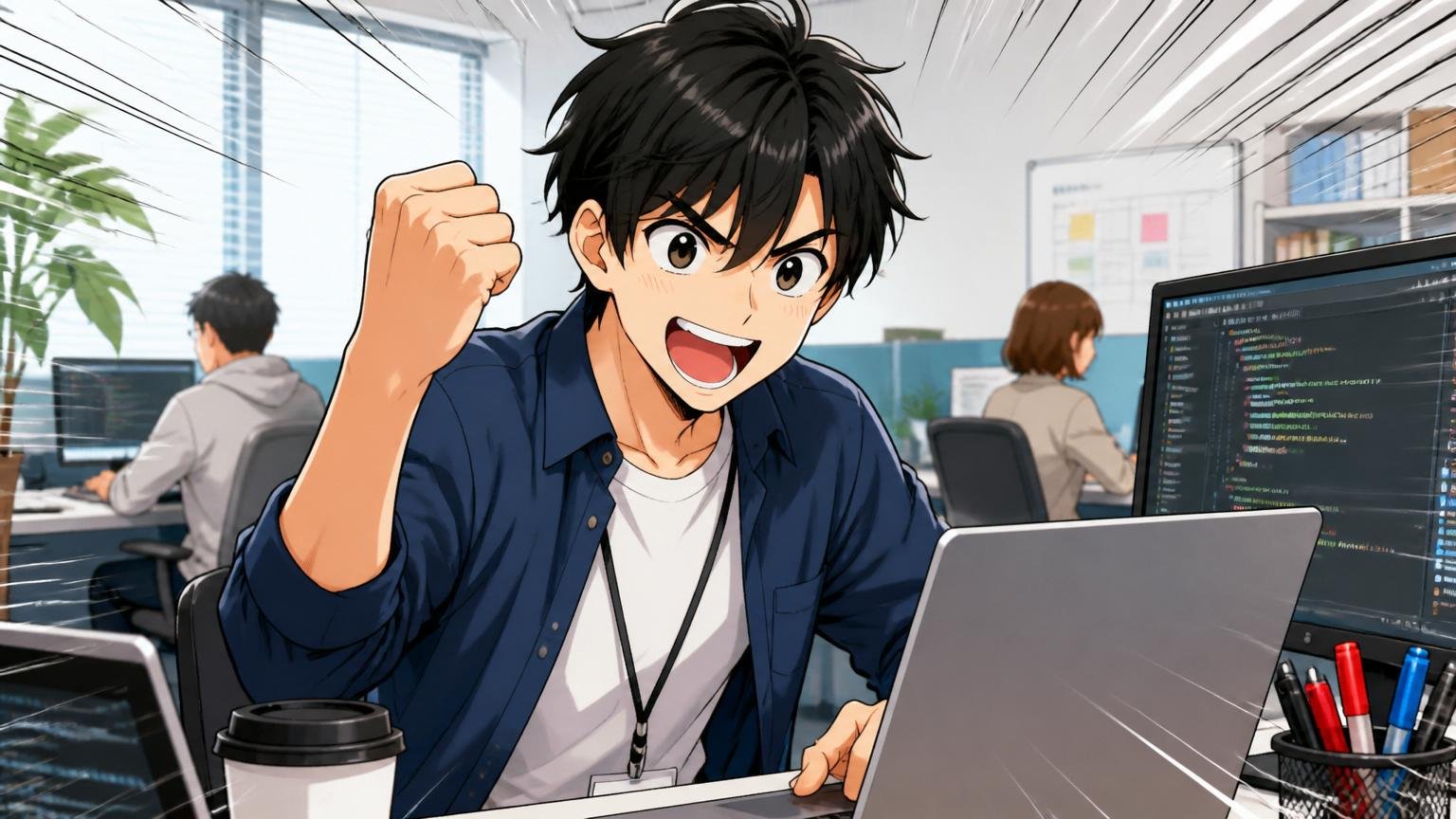 向いている人。IT企業のオフィスで自走して開発を進める意欲的なエンジニア1人がガッツポーズ