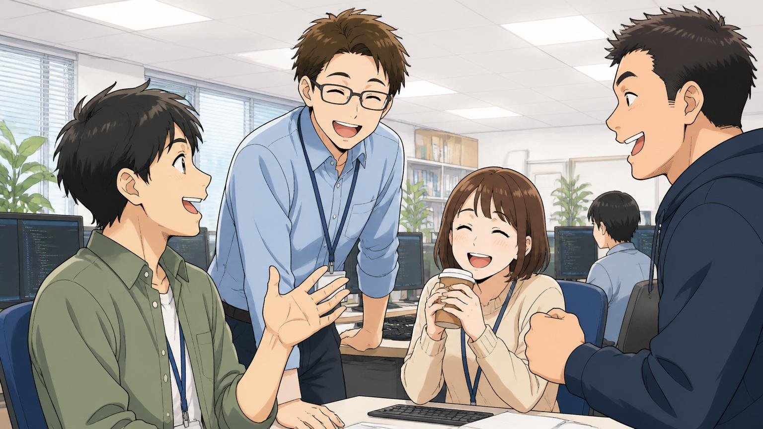 ポジティブな評判。和やかなSIerのオフィスで複数のエンジニア社員が穏やかな笑顔で談笑し働きやすさを感じている様子