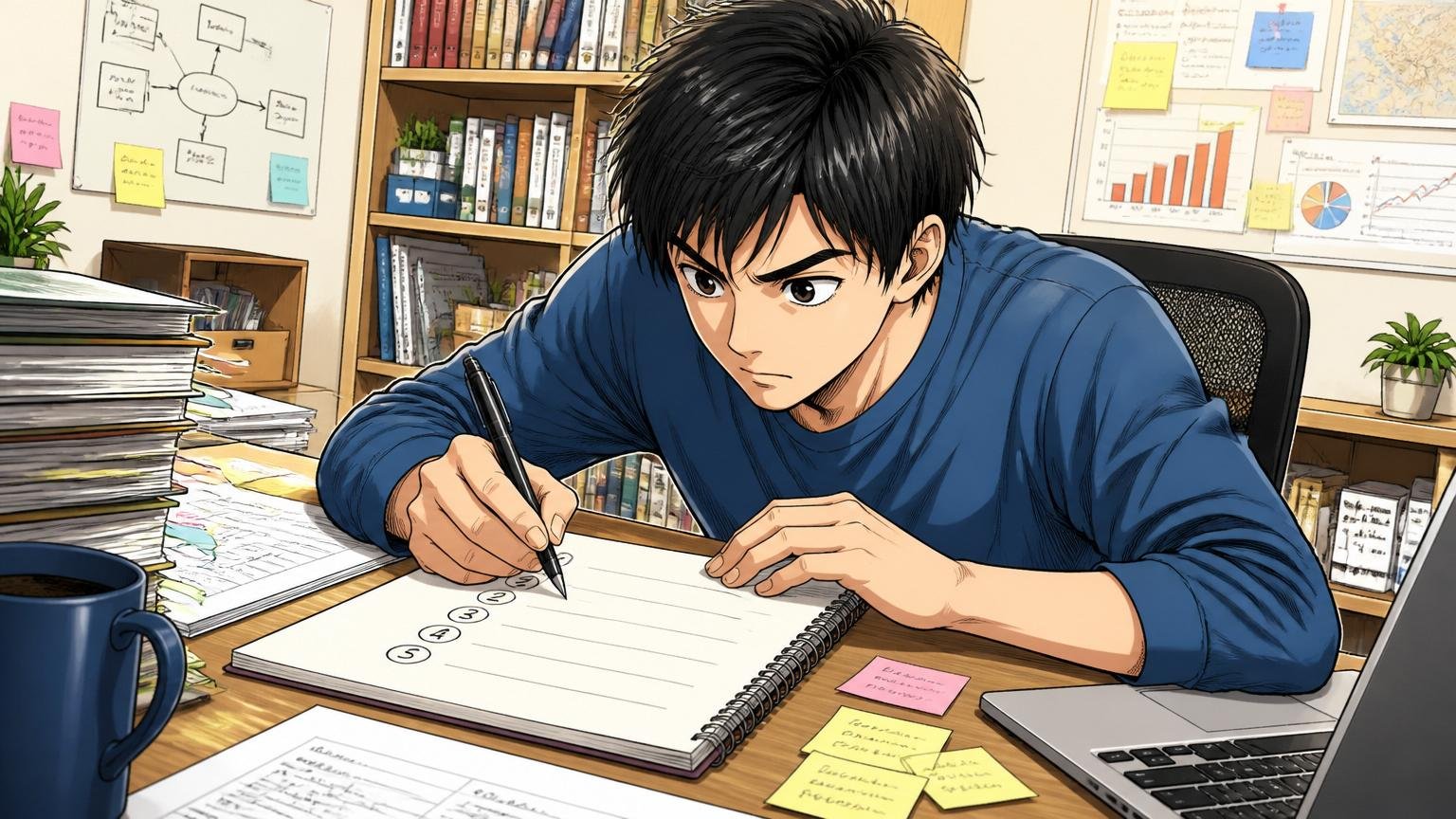 自分の判断軸を決めて一次情報で裏取り 自宅のデスクでノートに優先順位を書き出す人が集中した表情