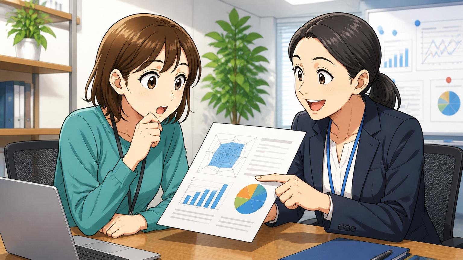企業の会議室で面談中の30代女性エンジニア1人と転職エージェント1人が市場価値レポートを見ている