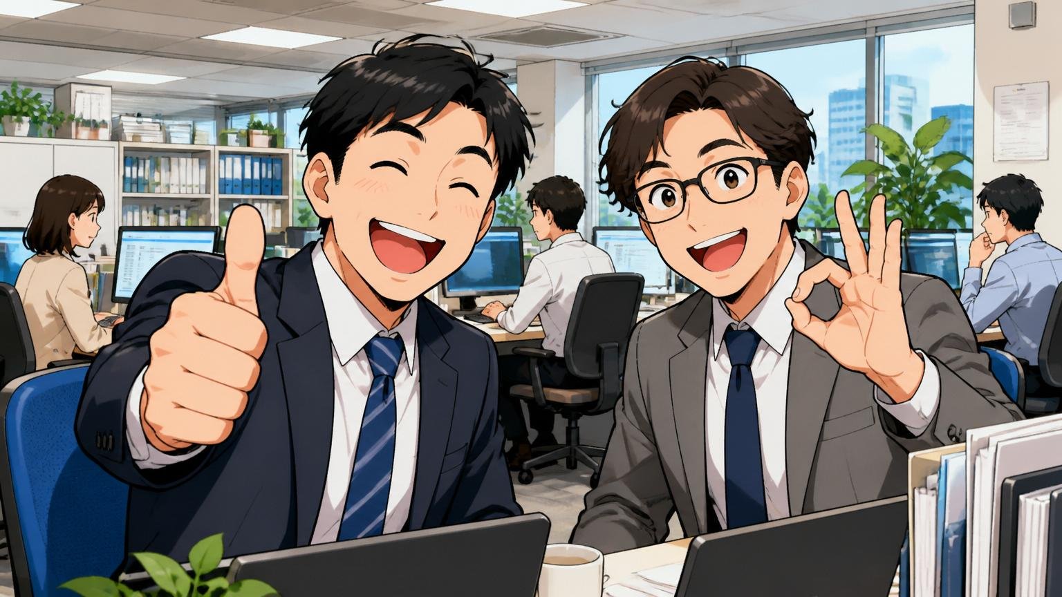 KSKに向いている人、SIerのオフィスで安定して働き満足げな30代社員2人