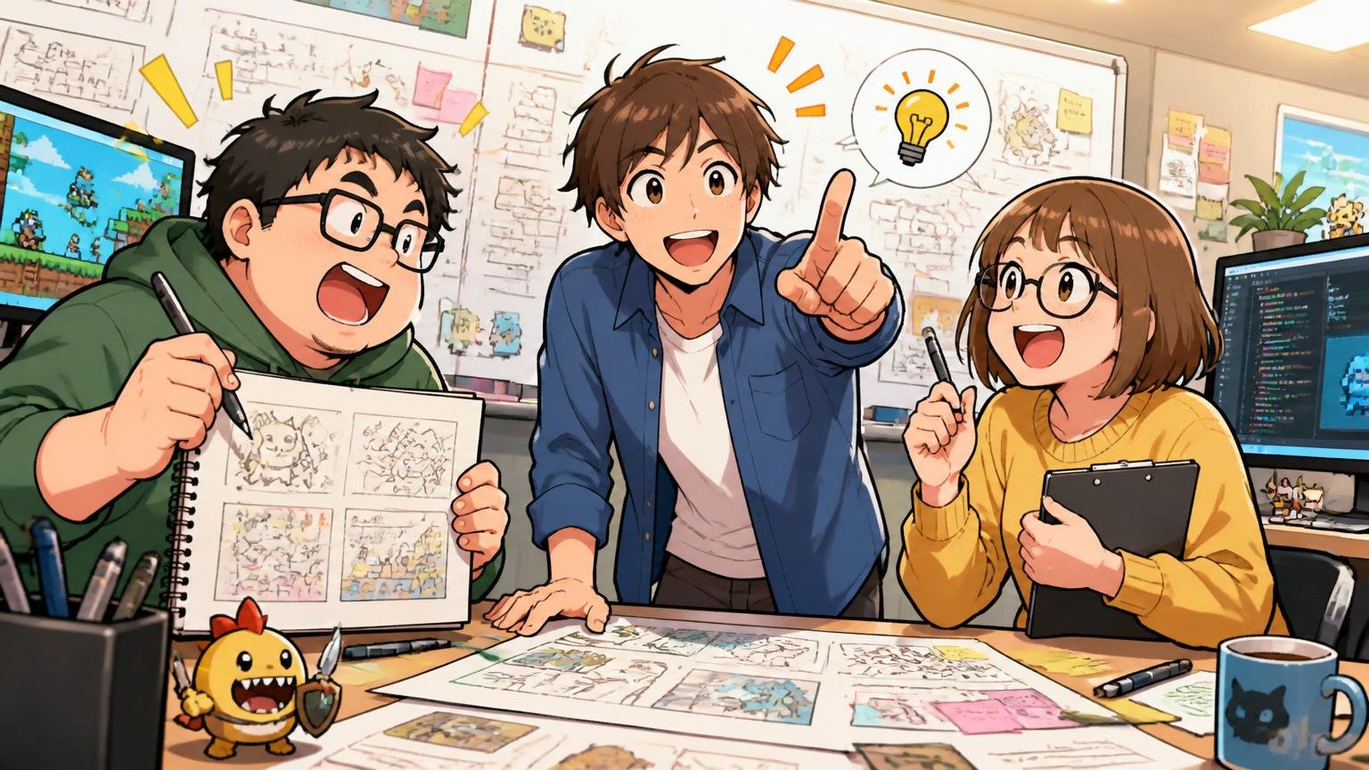 Web系ゲーム開発スタジオで、新しい企画に目を輝かせながら生き生きとアイデアを出し合う多様なメンバー3人