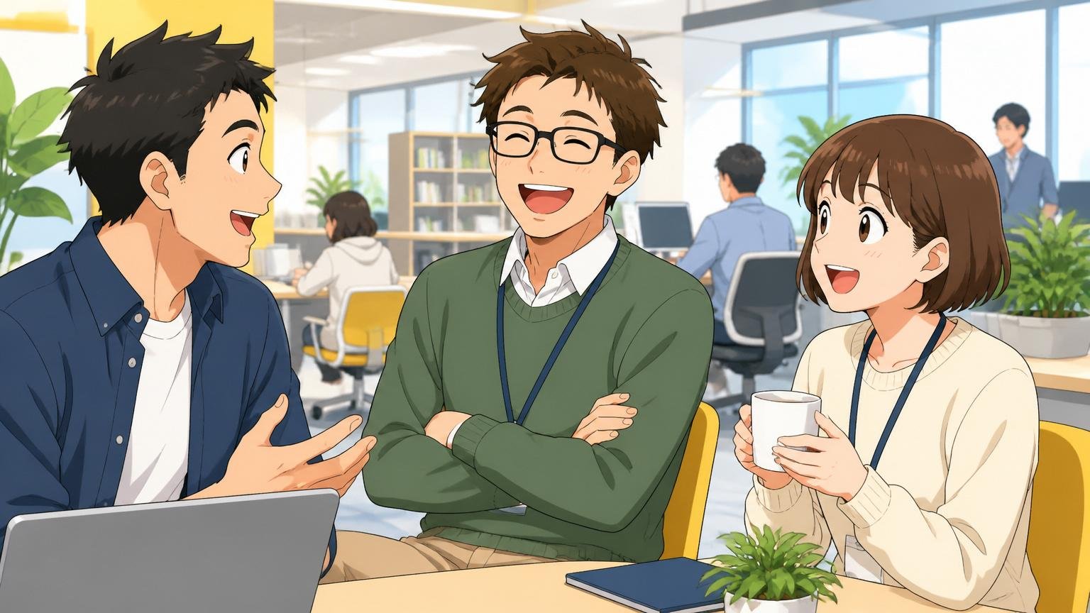 心理的安全性の高さ、明るく開放的なIT企業のオフィスでリラックスして談笑する笑顔の男女社員3人