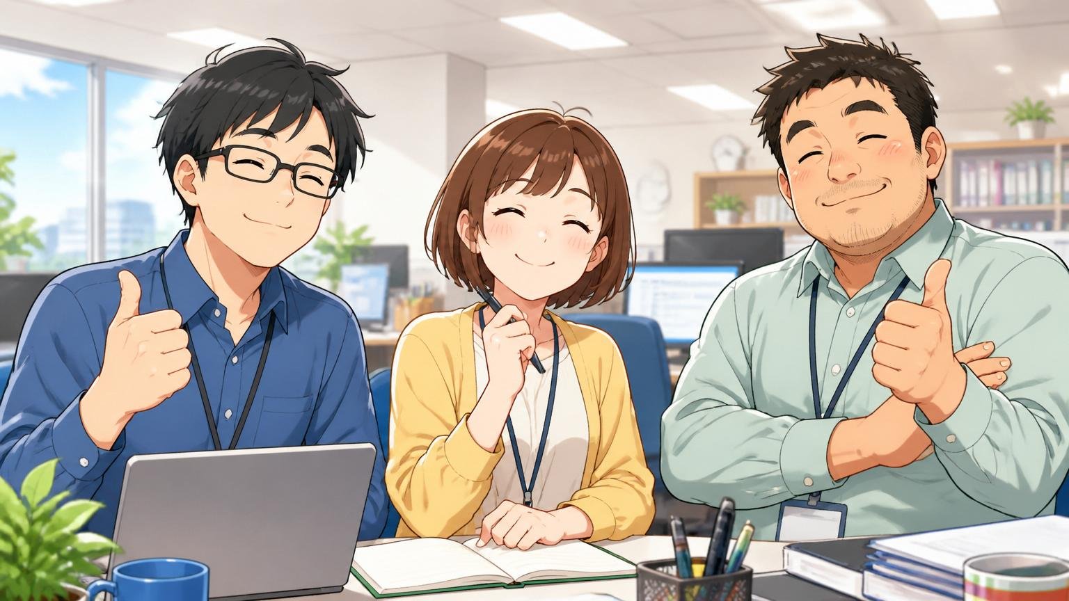 NTTデータSMSが向いている人。穏やかなオフィスで安定して働き満足そうにうなずく多様な社員3人