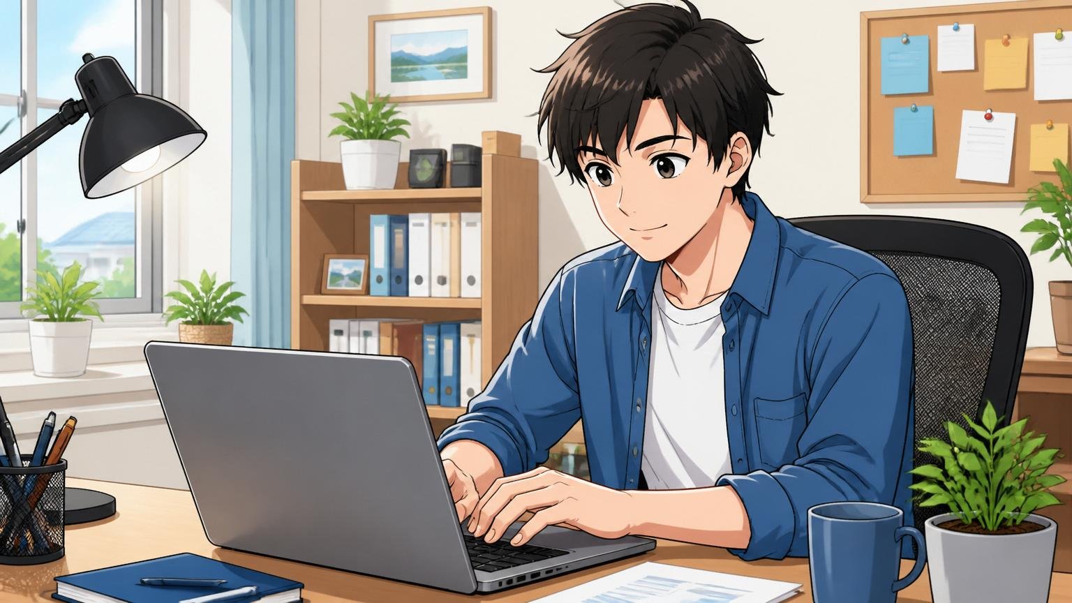 SHINKOに向いている人、自宅のデスクで在宅勤務中の男性が落ち着いた表情で安定して働く様子